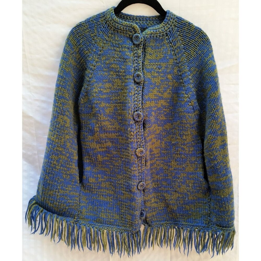Handmade Vintage Blue & Green Knit Button-Up Cardigan With Fringe Hem